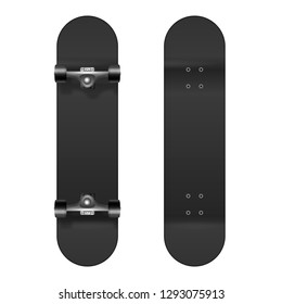 Skateboarding. Vector Realistic 3d Black Blank Skateboard Icon Set Closeup Isolated on White Background. Design Template of Skate Board Showing the Top and Bottom for Mockup. Top view