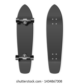 Skateboarding. Vector Realistic 3d Render Blank Black Skateboard Icon Set Closeup Isolated On White Background. Design Template Of Skate Board Showing The Top And Bottom For Mockup. Top View