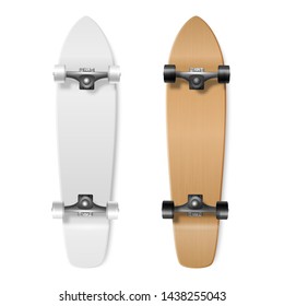 Skateboarding. Vector Realistic 3d Render Blank White and brown Wooden Skateboard Icon Set Closeup Isolated on White Background. Design Template of Skate Board Showing the Top, Bottom View for Mockup