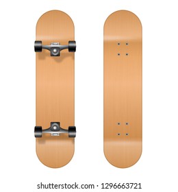 Skateboarding. Vector Realistic 3d Wooden Blank Skateboard Icon Set Closeup Isolated On White Background. Design Template Of Skate Board Showing The Top And Bottom For Mockup. Top View