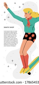 Skateboarding vertical banner. Colorful illustration of vintage skater girl. Skate park, shop, school advertising template with space for text. White background.