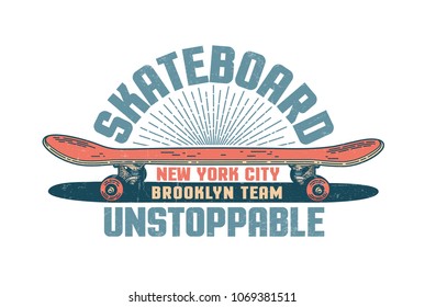 Skateboarding vintage emblem with red skateboard and inscriptions. Distressed textures on separate layer.