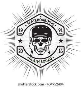 Skateboarding vintage label with skull in helmet, in shape of a screw-nut, with sign - Skateboarding Death Squad. vector