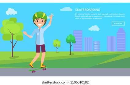 Skateboarding web page text sample button, online internet, skateboarder boy in city park, building and trees on background, teen helmet vector