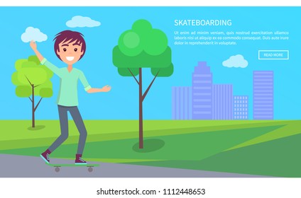 Skateboarding web text sample, information headline, trees on grass, skateboarder moving road and waving hand vector n backdrop of skyscrapers