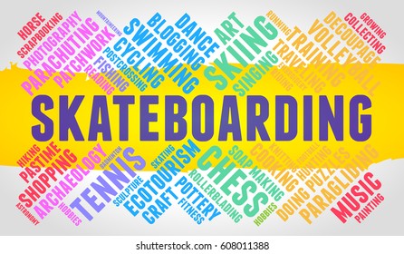 Skateboarding. Word cloud, multicolor font, yellow stripe, grey gradient background. Hobby.