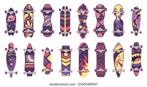 Skateboards bottom. Cartoon skateboard deck with wheels, extreme sport street equipment, colorful stickers and prints for skate board. Vector isolated set.