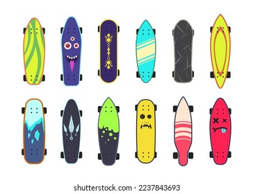 Skateboards de diferentes diseños de ilustraciones vectoriales establecidas. Colección de dibujos animados de tableros coloridos con ruedas aisladas sobre fondo blanco. Transporte, concepto de ocio