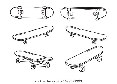 skateboards doodle hand drawn icon set. Outline drawing skateboard line clipart symbol collection of skateboarding . Vector illustration