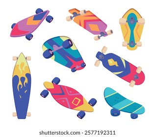 Skateboards. Extreme street sport tools wooden longboards with different designs exact vector cartoon template set