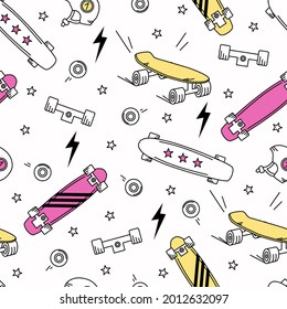 Skateboards, lightning bolts and stars on a white background seamless pattern. Vector illustration for fashionable fabrics, textile graphics, prints, wallpapers and other applications.