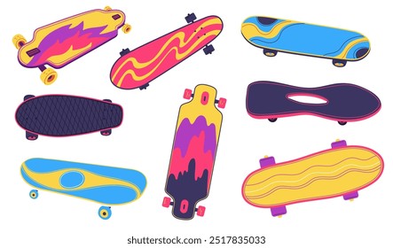 Skateboards and longboards different shapes and colors. Cartoon skateboards cool design collection view from above. Vector flat illustration isolated on white. Street urban recreation equipment