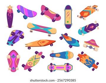 Skateboards. Longboards and skateboards for extreme sport exact vector illustrations of different viewpoints