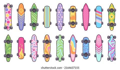 Skateboards and longboards set. Skate bottom print colorful designs patterns. Urban street sport board equipment. Cartoon skate board for freestyle riding. Vector illustration