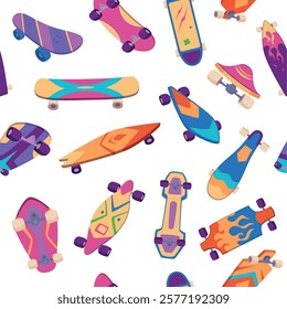 Skateboards pattern. aggressive colorful design of skateboards and longboards for extreme urban riders. vector seamless background