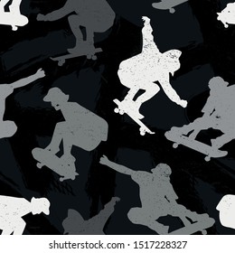 Skateboards seamless grunge pattern for boy.  modern background with boys on skateboards. Sport  style wallpaper . Urban style
