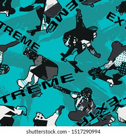Skateboards seamless grunge pattern for boy.  modern background with boys on skateboards. Sport  style wallpaper . Urban style

