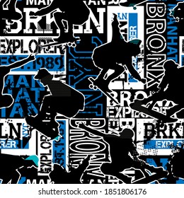 Skateboards seamless grunge pattern for boy.  modern background with boys on skateboards. Sport  style wallpaper . Urban style
