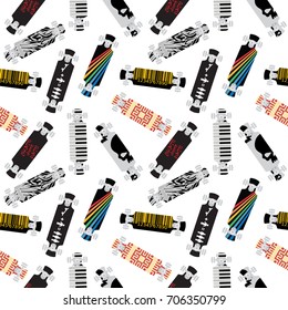 Skateboards seamless pattern. Background with different colorful freeriding longboards isolated on white background. Street style vector illustration. 