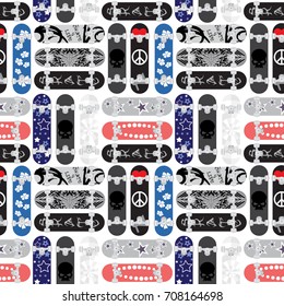 Skateboards seamless pattern. Background with different colorful skateboards isolated on white background. Street style vector illustration