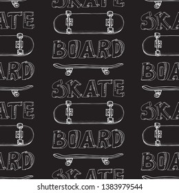 Skateboards seamless pattern. Doodle Longboard, pennyboard. Hand drawn vector background