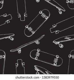 Skateboards seamless pattern. Doodle Longboard, pennyboard. Hand drawn vector background