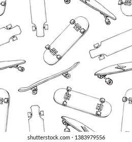 Skateboards seamless pattern. Doodle Longboard, pennyboard. Hand drawn vector background