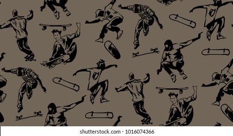 Skateboards seamless pattern. Vector illustraton. Skateboarders doing a jumping trick. Teenager characters.