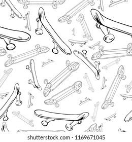 Skateboards seamless pattern. Vector illustraton. seamless pattern white contour cartoon skateboards. Background with skateboards and longboards