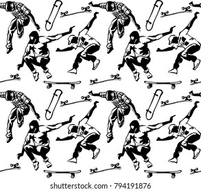 Skateboards seamless pattern. Vector illustraton. Skateboarders doing a jumping trick. Teenager characters.