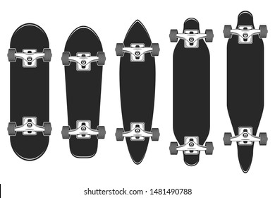 Skateboards set. Skateboarding elements, longboard. Skate board illustration. Vector.