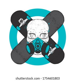 Skateboards in the shape of a stop sign. Do not stop. Vector illustration for design or poster, print for clothes. Skate, sport and extreme. Skull and graffiti.