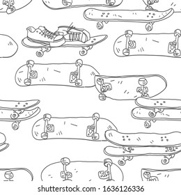 Skateboards and sneakers. Seamless vector doodles background. Youth theme seamless pattern.