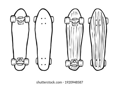 Skateboards top and bottom view sketch. Black and white hand drawn style vector illustrations.