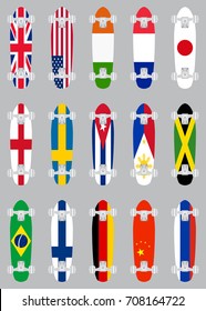Skateboards with various flags objects. Flat design set. Colorful skateboard objects set on gray background. Vector illustration. 