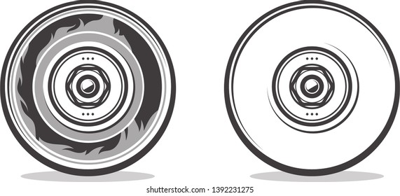 Skateboards wheels, clear wheel and wheel with print of fire, vector illustration isolated on white background