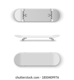 Skateboards with white surfaces in different angles. realistic Riding, jumping sport equipment set. Mockups for your design. Boards for extreme skate templates. Vector skateboards isolated collection.