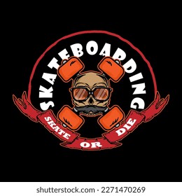 skatebording truck crossed with urban skull for emblem, logo and tshirt vector illustration