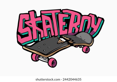 Skateboy-Slogan mit gebrochenem Skateboard-Grafik von Hand gezeichnete Vektor-Illustration