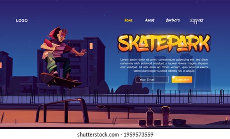 Skatepark Cartoon Landing Page With Teenager In Night Skate Park Rollerdrome Perform Skateboard Jumping Stunt. Extreme Sport, Graffiti, Youth Urban Culture And Teen Street Activity Vector Web Banner