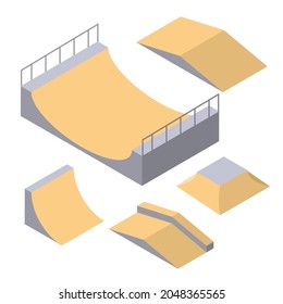 Skatepark Elemente Vektorhölzern isometrischen Hofes. Skateboardrampe freestyle bmx skate arena