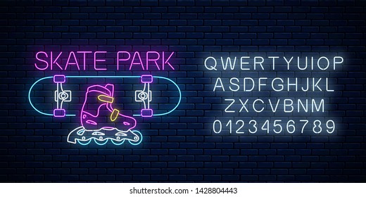 Skatepark glowing neon sign with alphabet on dark brick wall background. Skating on skateboard and rollers zone symbol in neon style. Skateboard rent logo. Vector illustration.