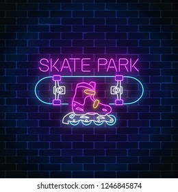Skatepark glowing neon sign on dark brick wall background. Skating on skateboard and rollers zone symbol in neon style. Skateboard rent logo. Vector illustration.