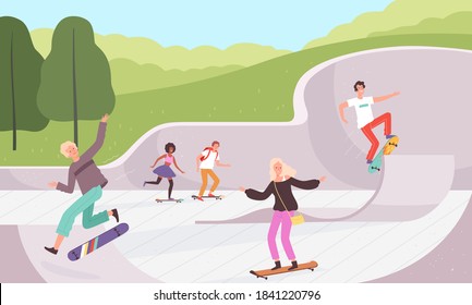 Skatepark. Outdoor extreme activities skateboarders lifestyle urban park action characters vector background