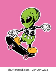 Skater Alien vector. Skate or die concept vector. SK8 alien love, pop, punk art sticker