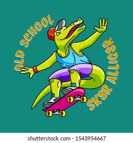 Skater Alligator. Alligator flying across a green background standing over a skateboard.