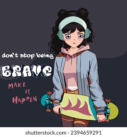 skater anime girl vector illustration asian anime manga k-pop girl illustration vector graphic