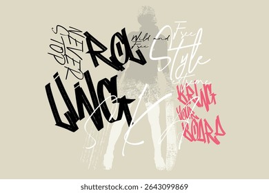 Skater arte tees, skatista real, graffity slogan sakate impressão, t-shirt gráficos impressão vetor ilustração design, Skate placa lettering, Tipografia urbana hipster rua arte para tees gráficos.eps8