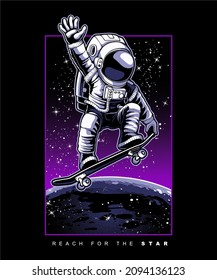 Skaterastronaut fährt ein Skateboard durch den Weltraum auf dem Mond und den Sternen.
Vektorgrafik.