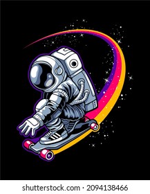 Skater astronaut rides a skateboard through space.
Vector illustration.